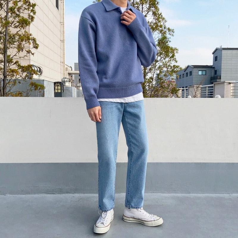 Sweter Męski z Kołnierzykiem | Guziki przy Dekolcie | Styl Smart Casual | Lekka Warstwa na Jesień i Wiosnę