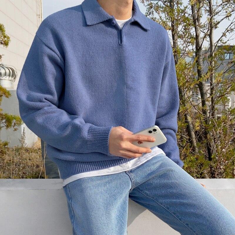 Sweter Męski z Kołnierzykiem | Guziki przy Dekolcie | Styl Smart Casual | Lekka Warstwa na Jesień i Wiosnę