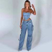 Jeans cargo damskie | Szerokie nogawki | Styl streetwear | Wysoki stan