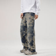 Jeansy Męskie Baggy w Stylu Pixel Camo Streetwear | Luźne Spodnie Denim