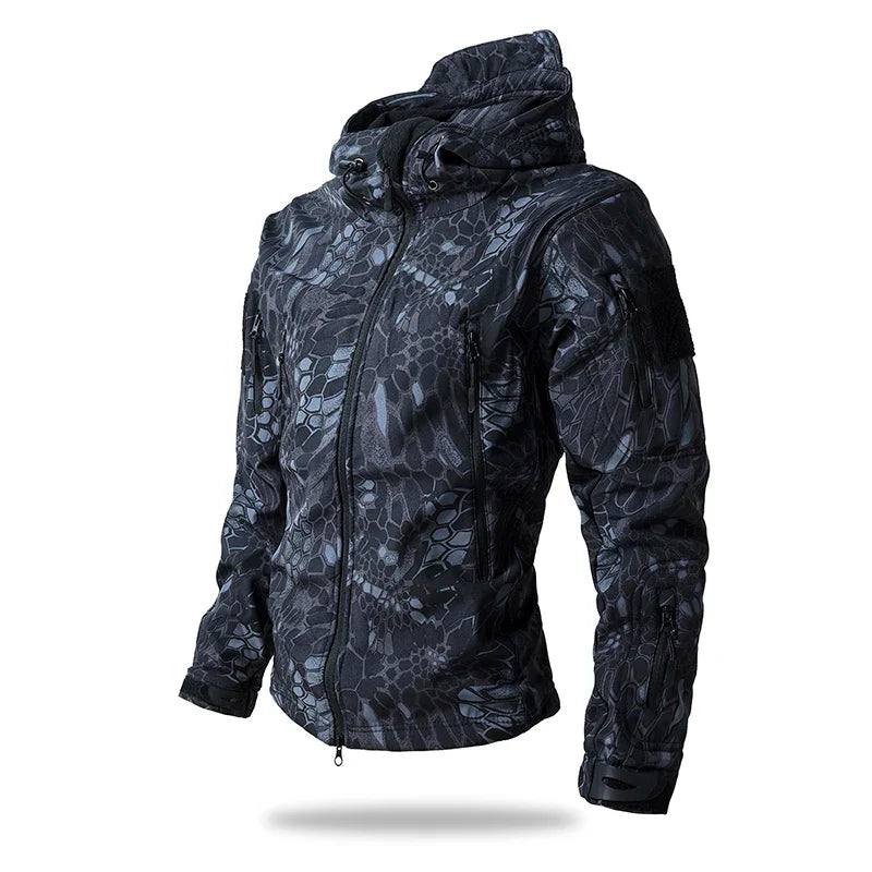 Kurtka Męska Taktyczna Softshell w Moro z Kapturem | Wodoodporna Kurtka Outdoor