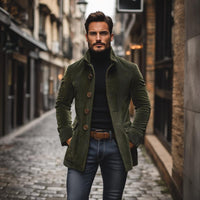 Płaszcz Męski Sztruksowy Slim z Kołnierzem Stójką | Elegancka Kurtka Jesienna i Przejściowa