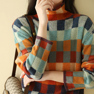 Golf Damski w Kolorowy Patchwork | Elegancki Sweter Damski z Golfem