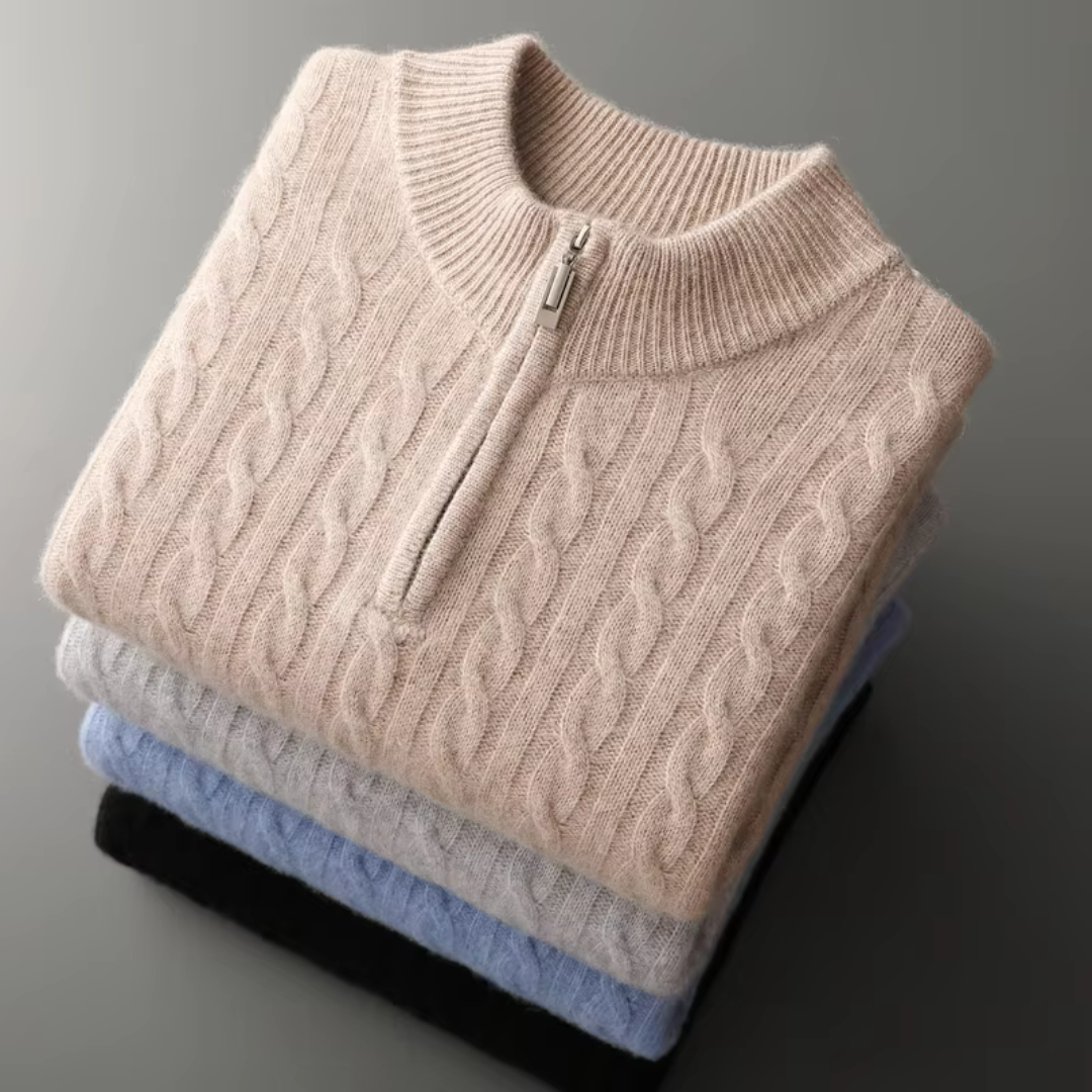 Sweter Męski z Półzamkiem | Wzór Warkoczowy | Slim Fit | Styl Smart Casual