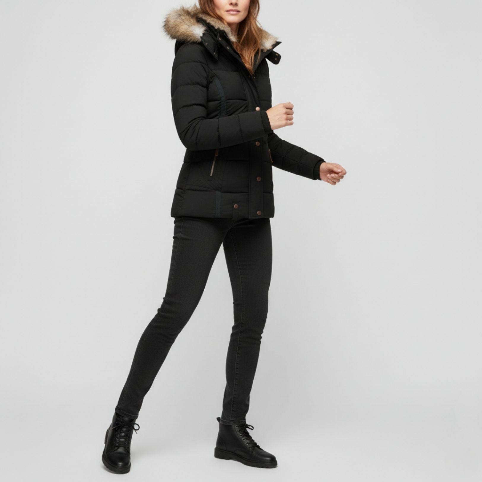 Kurtka Puchowa Damska z Kapturem Podszytym Futrem | Ciepły Płaszcz Zimowy