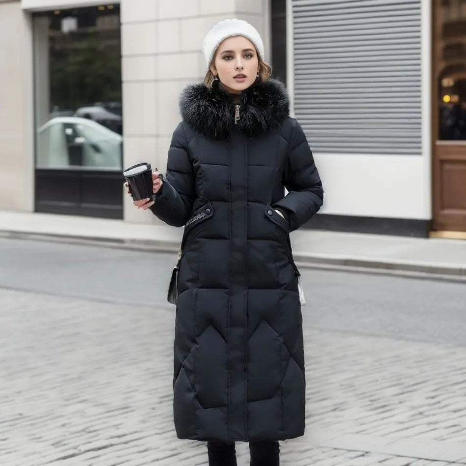 Długi Płaszcz Zimowy Damski z Kapturem i Kieszeniami | Elegancka Kurtka na Chłodne Dni