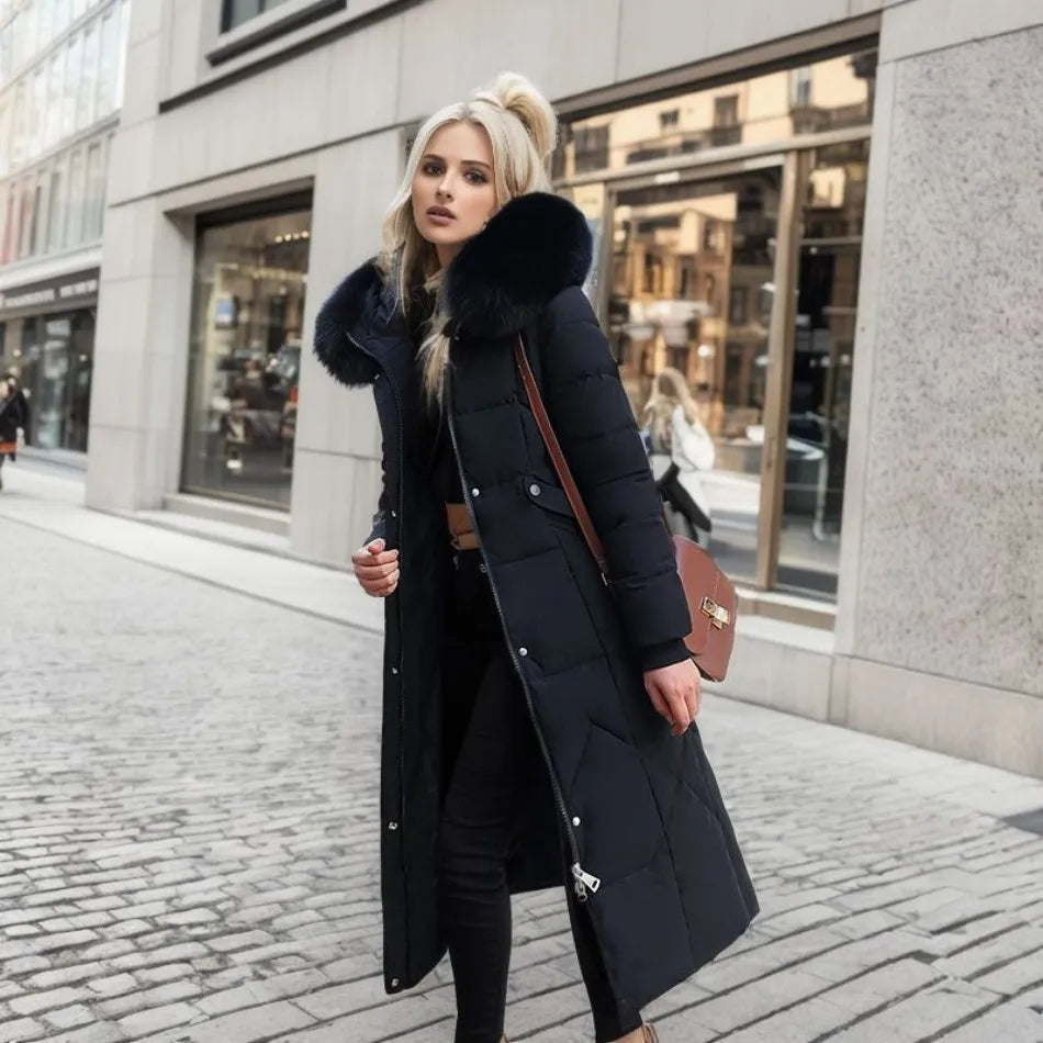 Długi Płaszcz Zimowy Damski z Kapturem i Kieszeniami | Elegancka Kurtka na Chłodne Dni