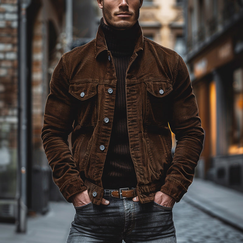 Kurtka Męska z Klapami i Kieszeniami w Stylu Vintage | Kurtka Męska Przejściowa