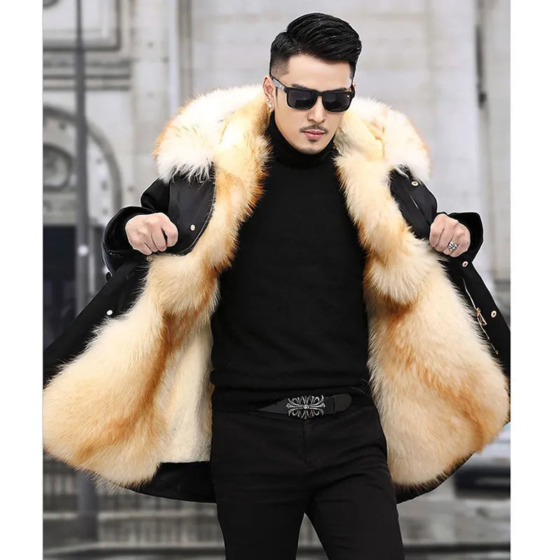 Kurtka Zimowa Męska z Futrzanym Kołnierzem | Elegancki Długi Płaszcz Męski na Zimę