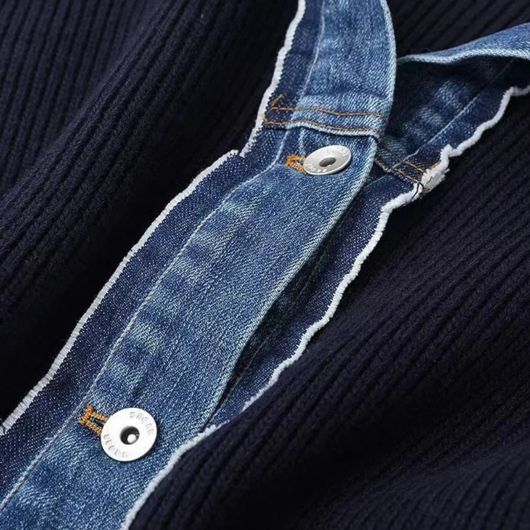 Kardigan Damski w Granacie z Denimowym Wykończeniem | Elegancki Sweter Damski