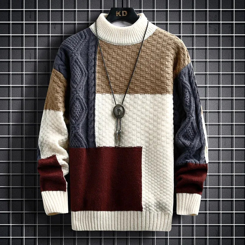 Sweter Męski z Patchworkowym Wzorem | Luźny Krój | Styl na Co Dzień