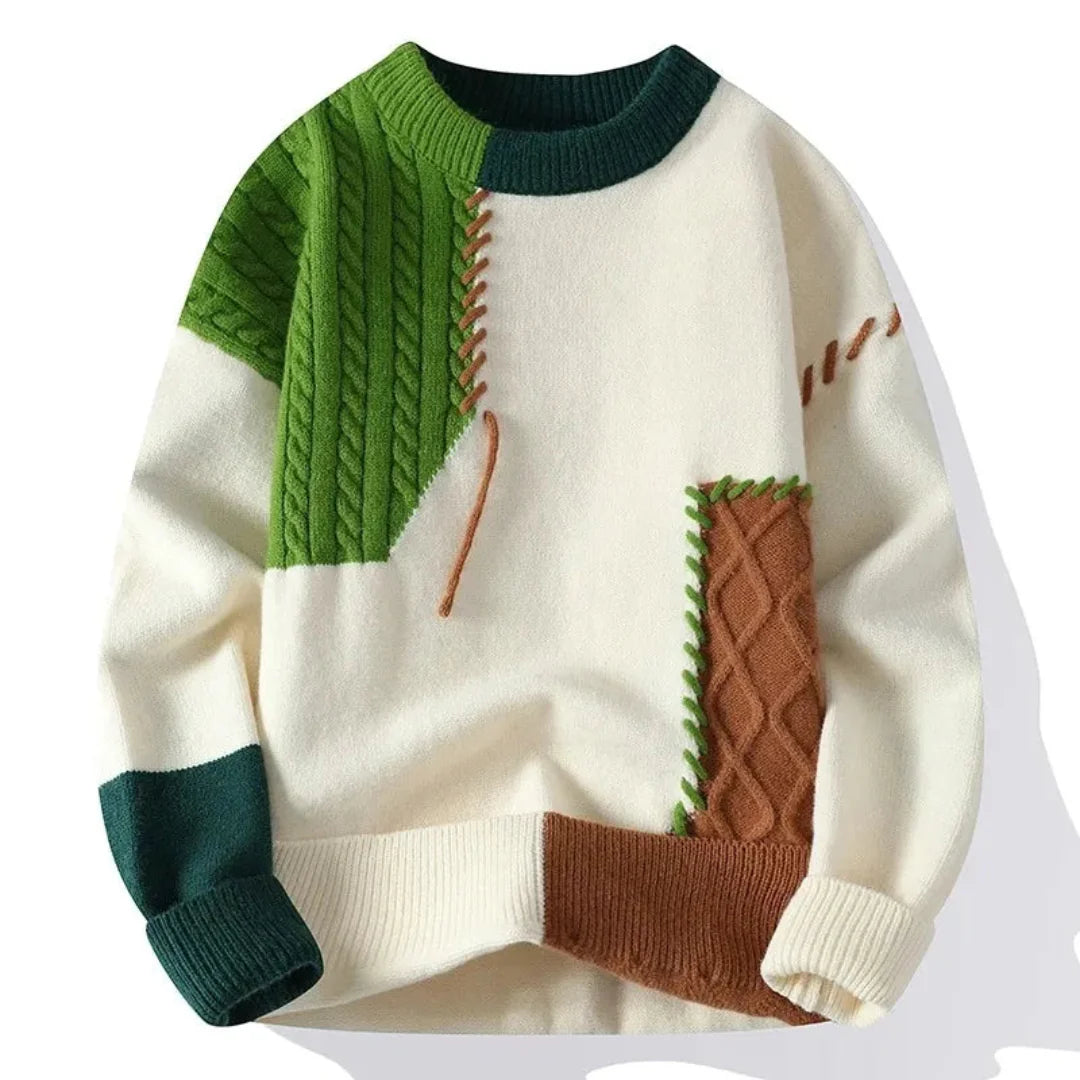 Sweter Męski z Patchworkowym Wzorem | Luźny Krój | Styl na Chłodne Dni