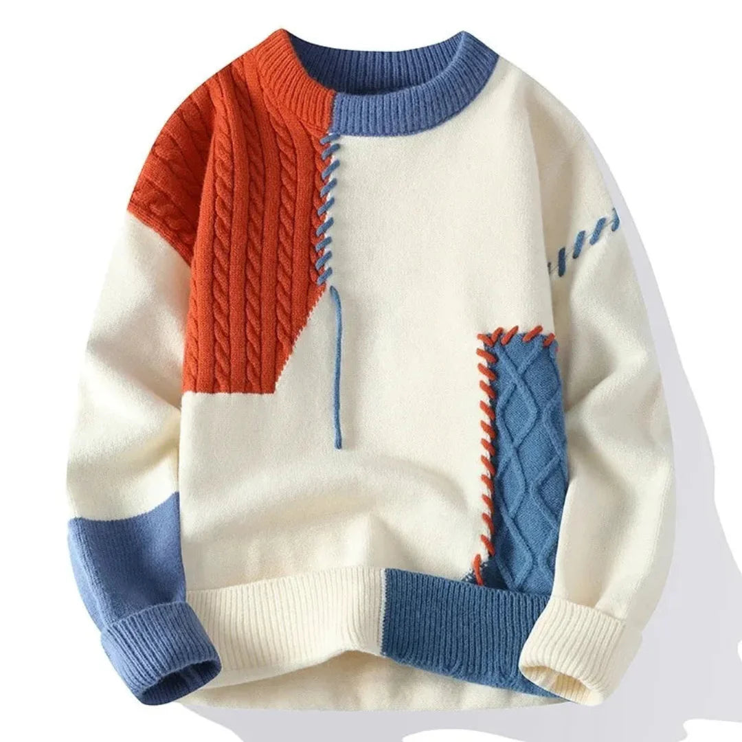 Sweter Męski z Patchworkowym Wzorem | Luźny Krój | Styl na Chłodne Dni