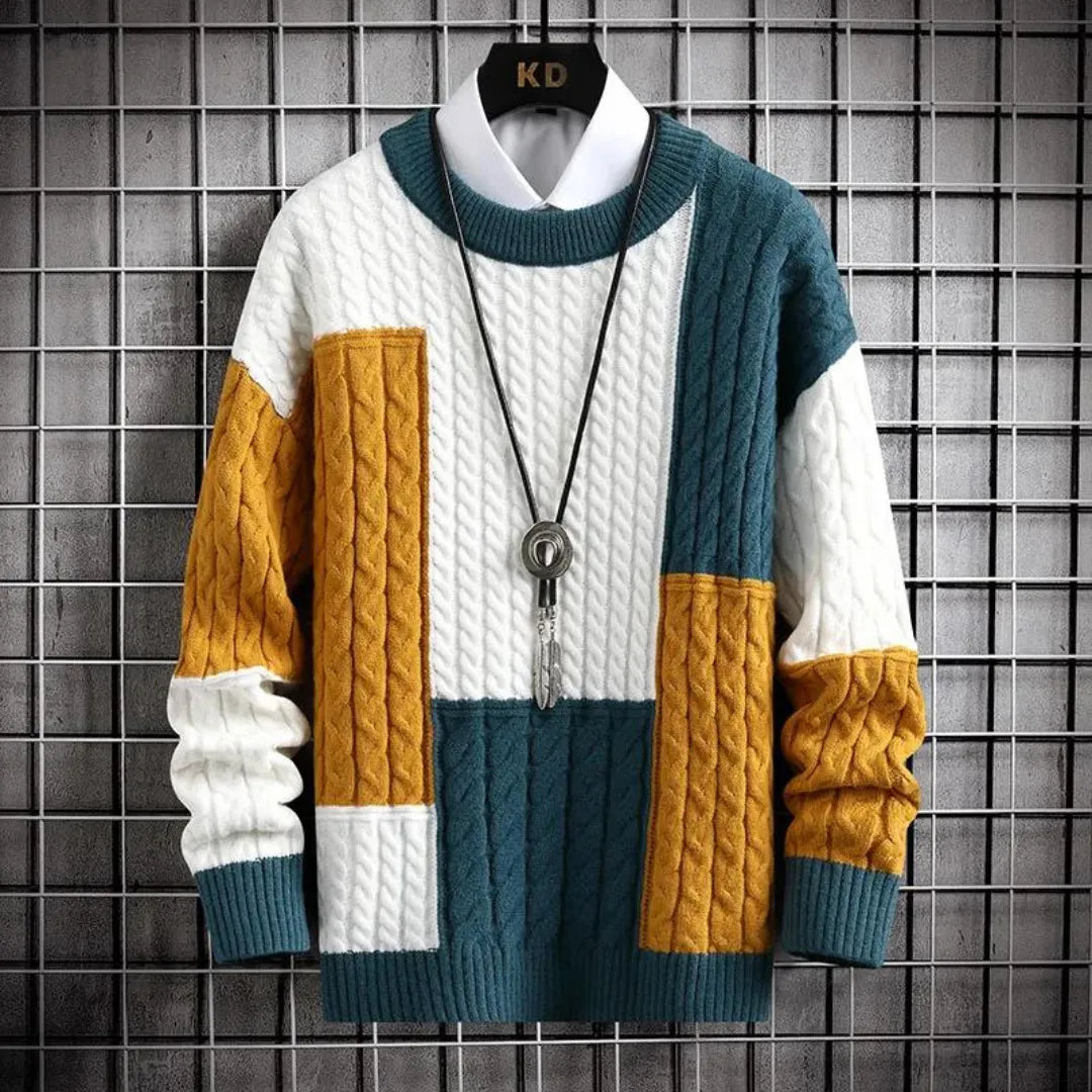 Sweter Męski z Patchworkowym Wzorem | Luźny Krój | Stylowy na Co Dzień