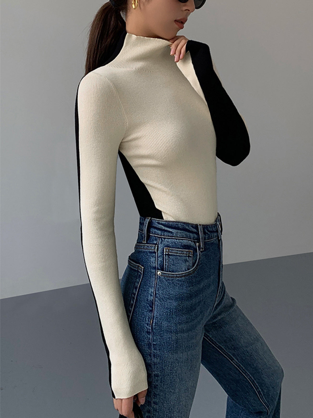 Damska Bluzka Dzianinowa Dwukolorowa | Bluzka Damska z Długim Rękawem