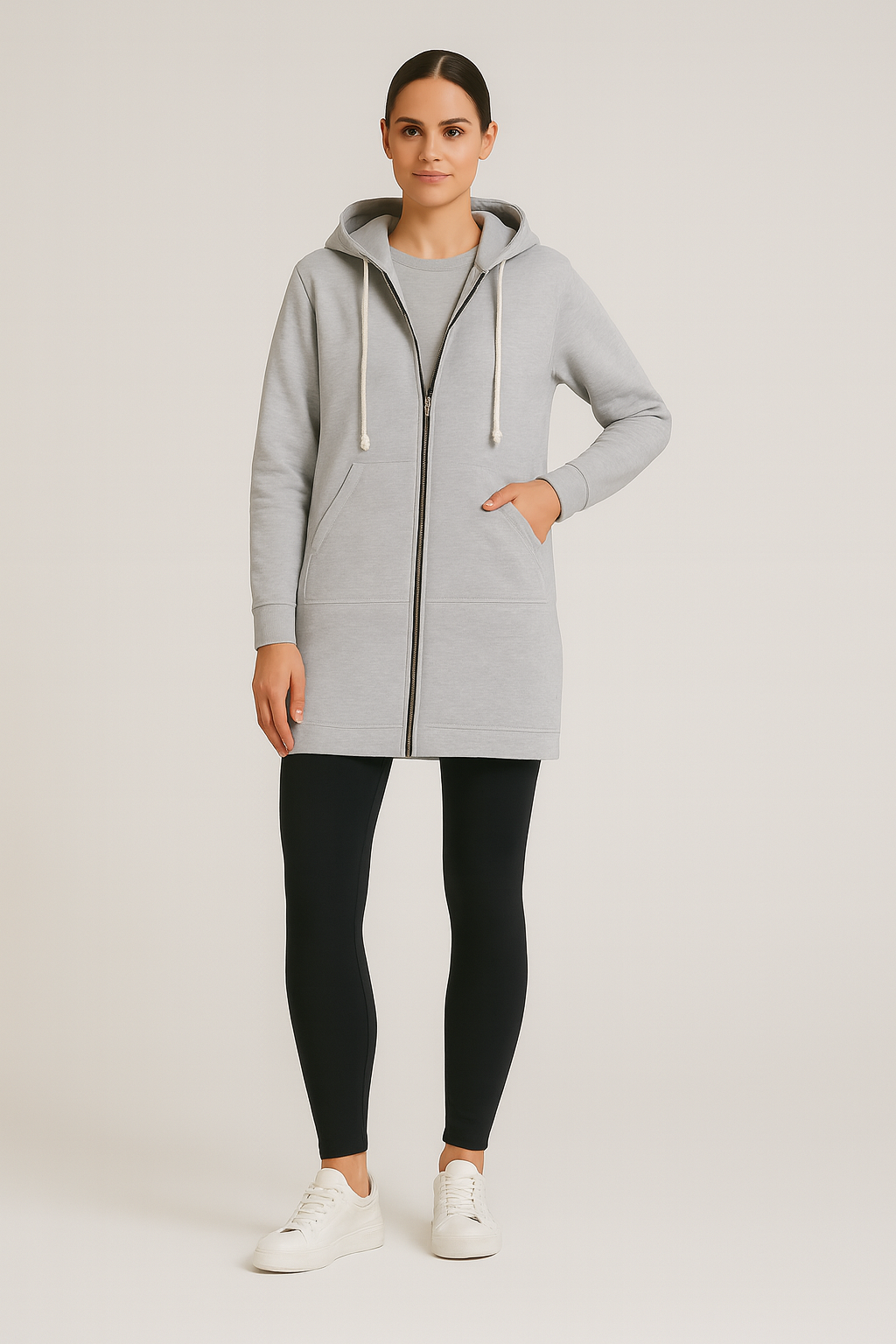 Długi Damski Bluza z Kapturem na Zamek | Wygodna Kurtka Przejściowa
