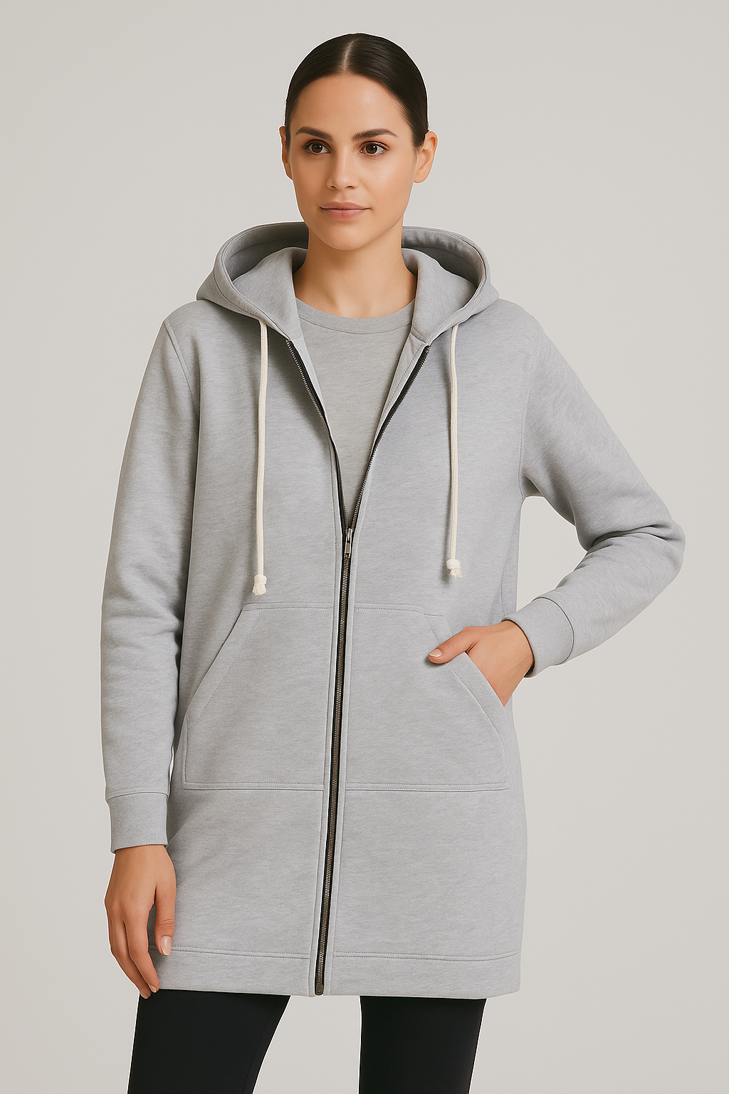 Damska długa bluza z kapturem na zamek | Wygodna bluza longline na co dzień