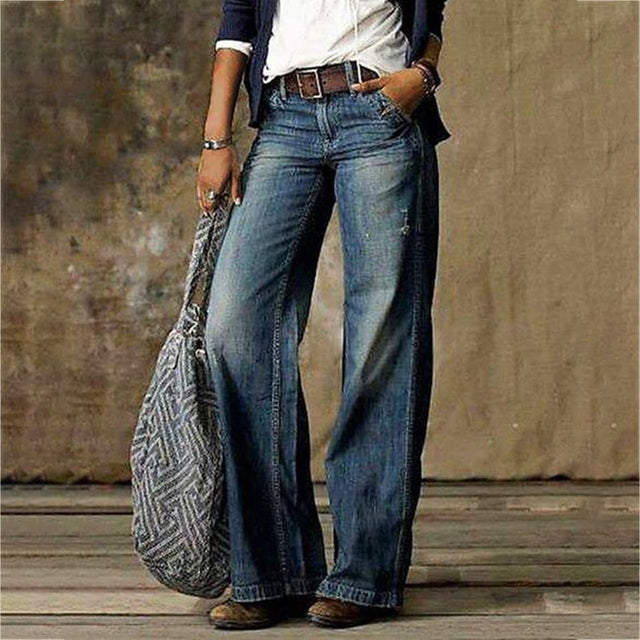 Damskie Jeansy z Szeroką Nogawką w Stylu Retro | Luźne Dżinsy Damskie