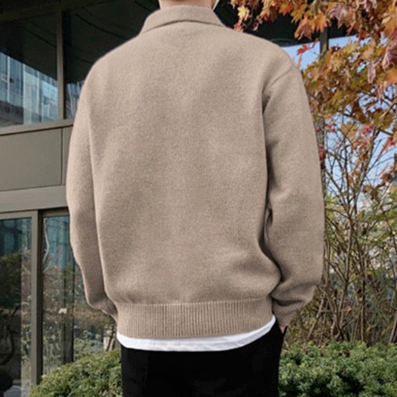 Sweter Męski z Kołnierzykiem | Guziki przy Dekolcie | Styl Smart Casual | Lekka Warstwa na Jesień i Wiosnę