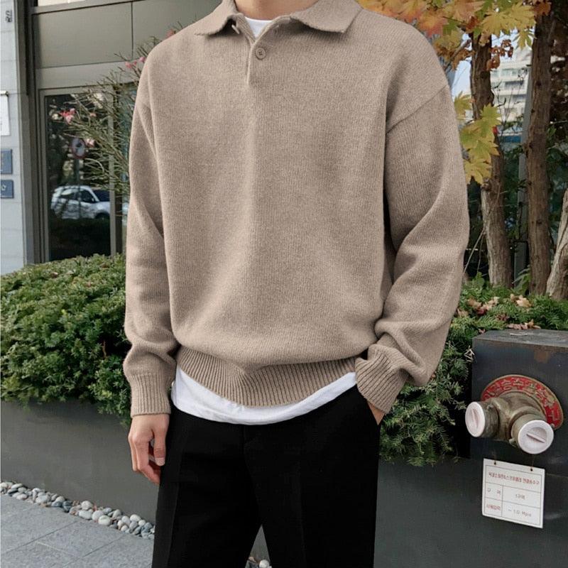 Sweter Męski z Kołnierzykiem | Guziki przy Dekolcie | Styl Smart Casual | Lekka Warstwa na Jesień i Wiosnę
