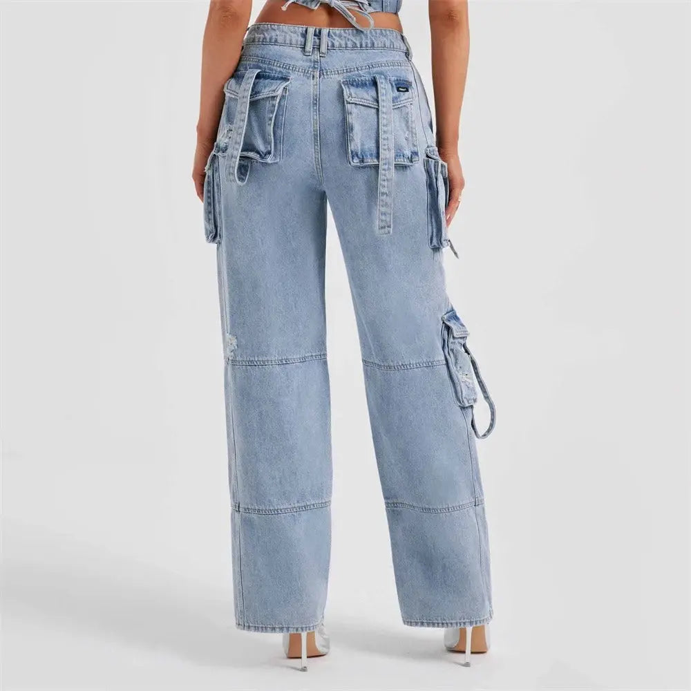 Jeans cargo damskie | Szerokie nogawki | Styl streetwear | Wysoki stan