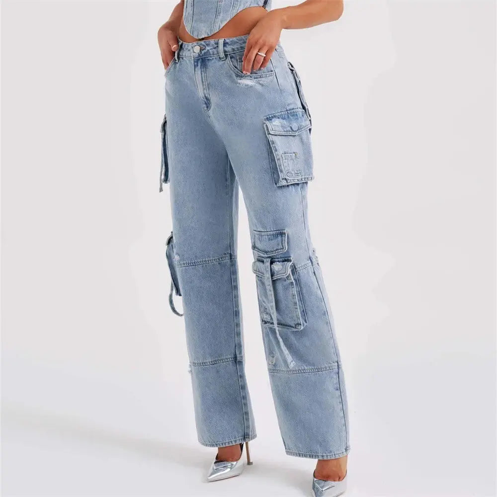 Jeans cargo damskie | Szerokie nogawki | Styl streetwear | Wysoki stan