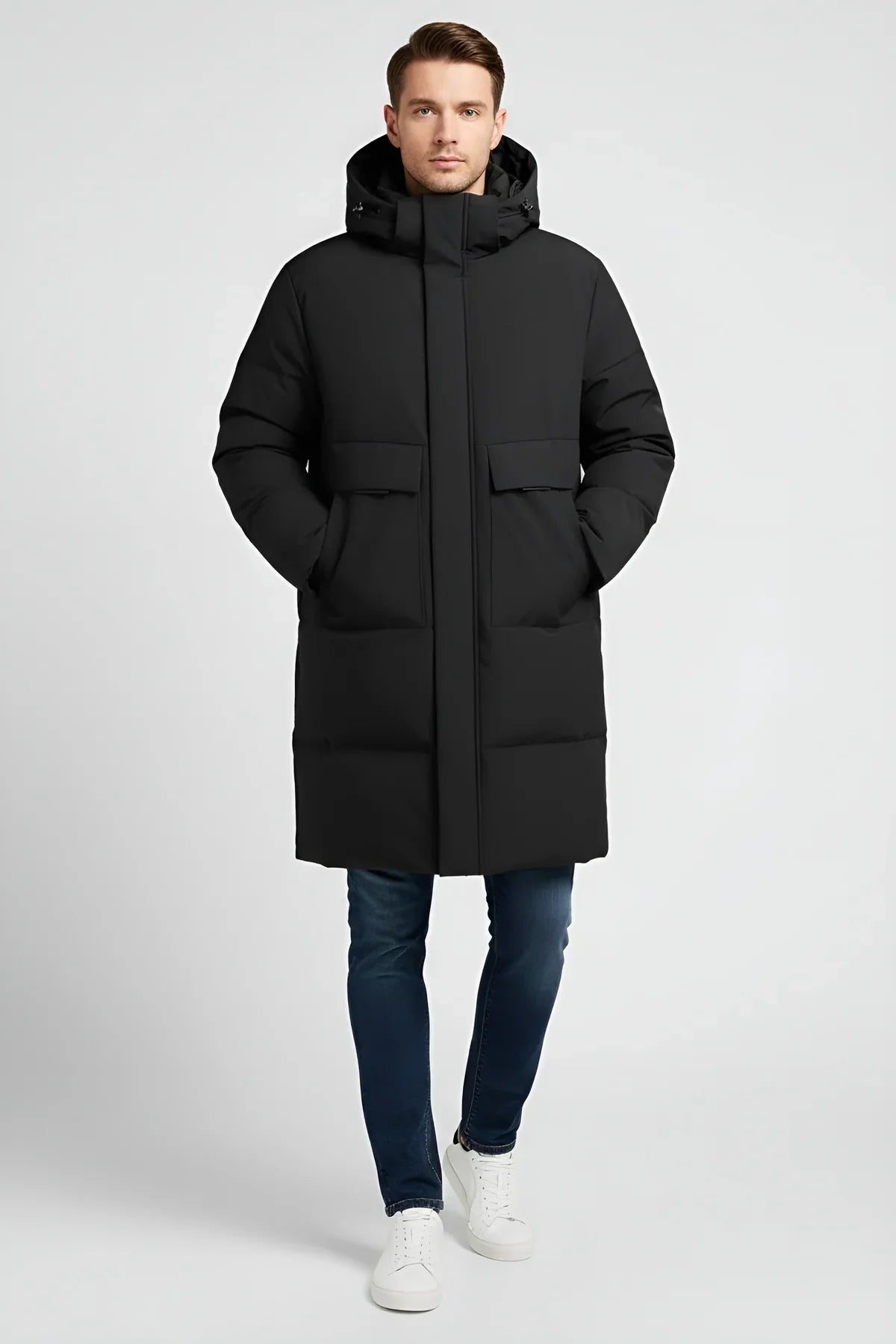 Długa Kurtka Puchowa Męska z Kapturem | Męska Kurtka Zimowa o Nowoczesnym Kroju