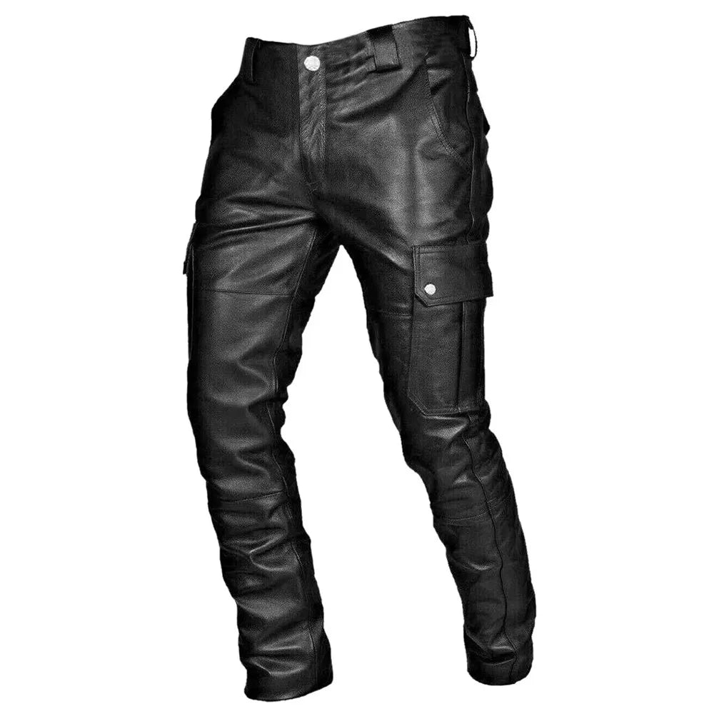 Spodnie Męskie z Ekoskóry | Styl Biker | Slim Fit | Na Jesień i Zimę | Czarne Spodnie Skórzane
