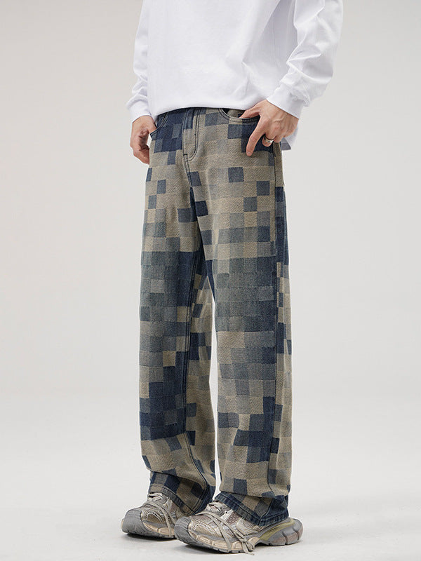 Jeansy Męskie Baggy w Stylu Pixel Camo Streetwear | Luźne Spodnie Denim
