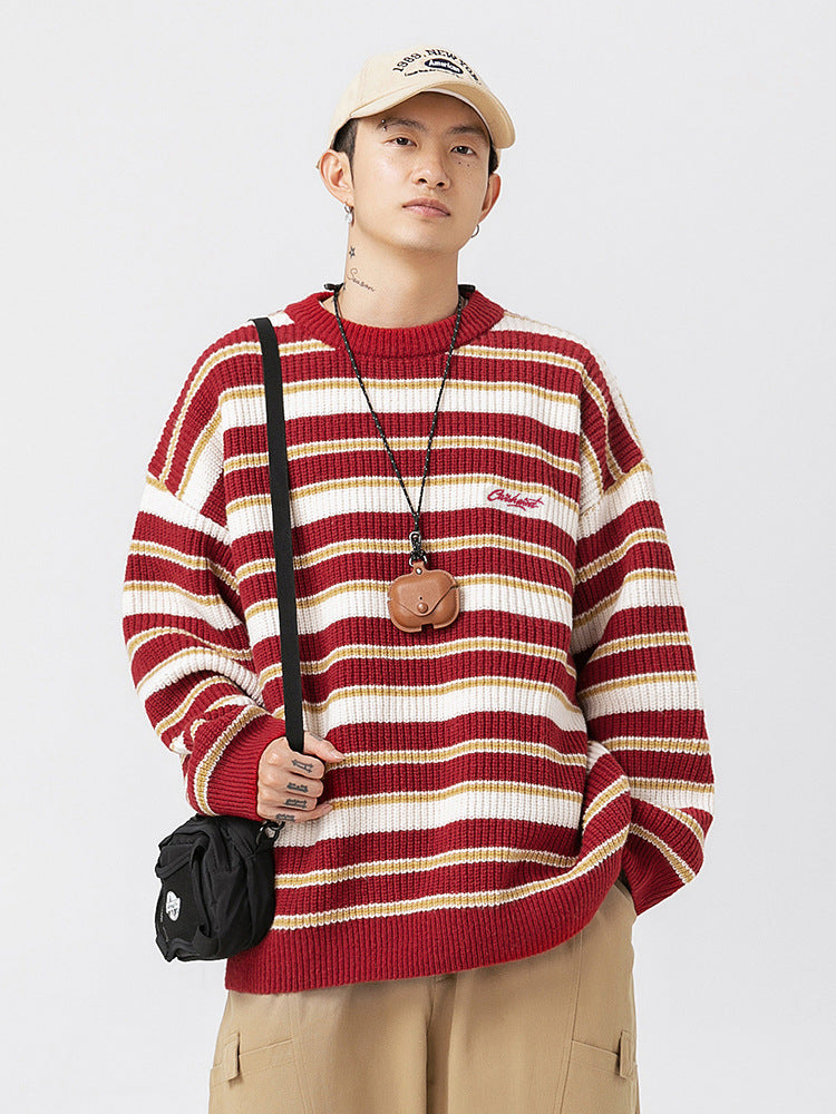 Sweter Męski Dzianinowy w Paski Casual Loose Fit | Klasyczny Sweter na Zimę