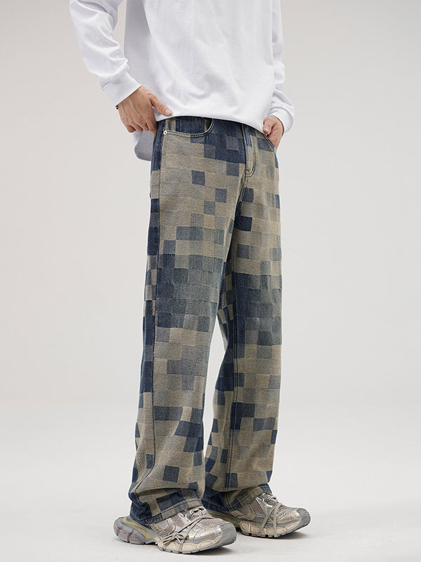 Jeansy Męskie Baggy w Stylu Pixel Camo Streetwear | Luźne Spodnie Denim