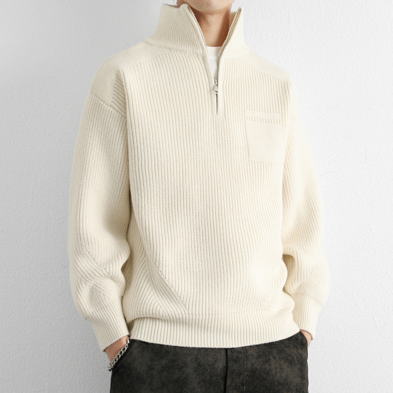 Męski Sweter z Półzamkiem i Kołnierzem Stójką | Klasyczny Sweter Dzianinowy