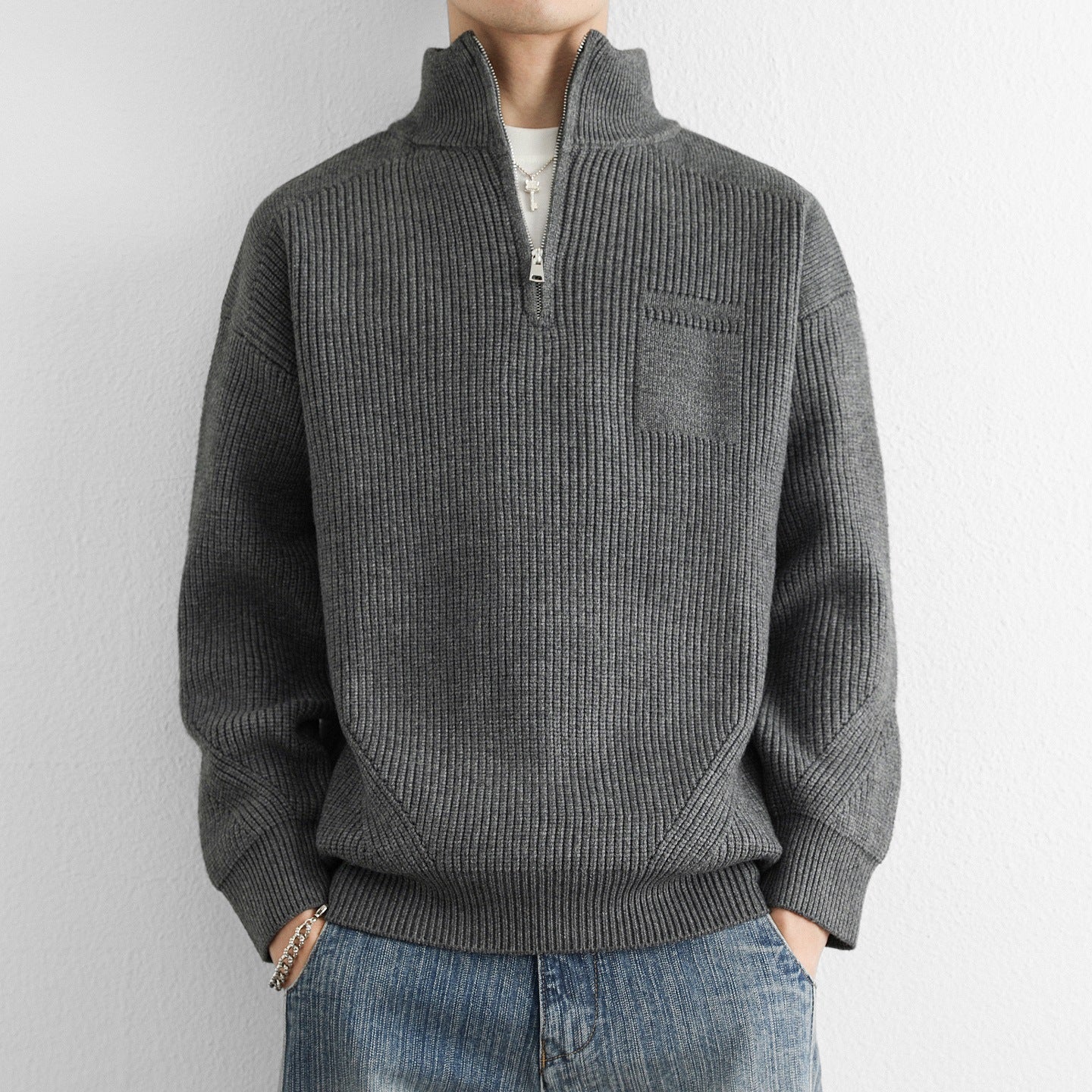 Męski Sweter z Półzamkiem i Kołnierzem Stójką | Klasyczny Sweter Dzianinowy