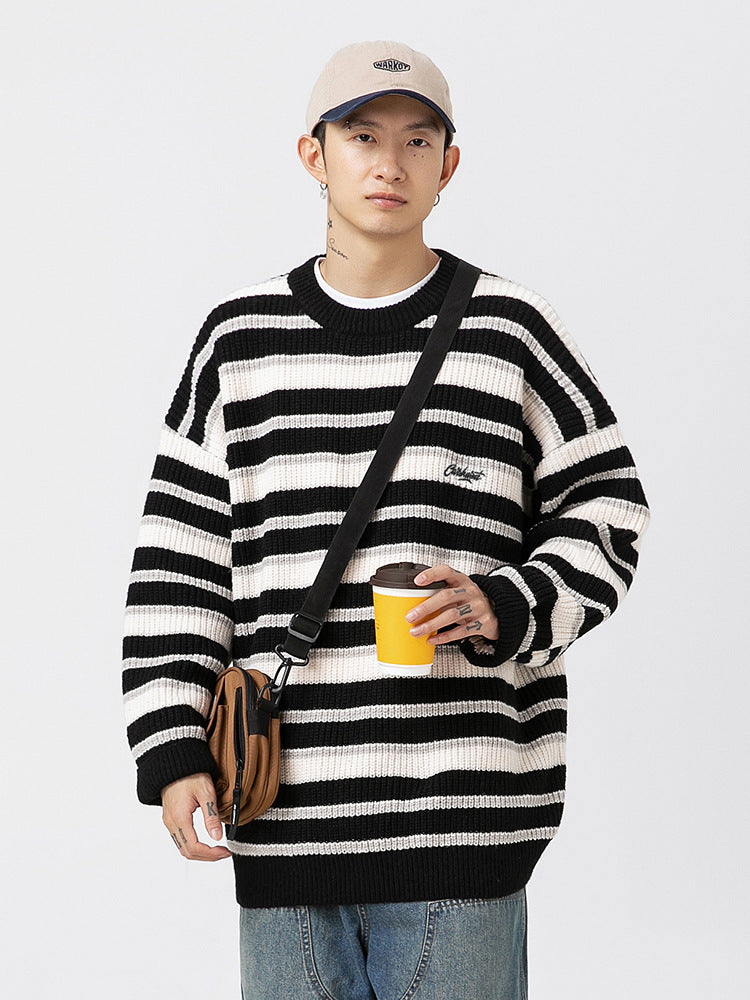 Sweter Męski Dzianinowy w Paski Casual Loose Fit | Klasyczny Sweter na Zimę