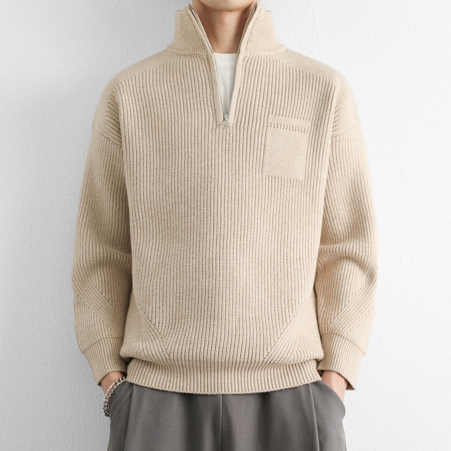 Męski Sweter z Półzamkiem i Kołnierzem Stójką | Klasyczny Sweter Dzianinowy