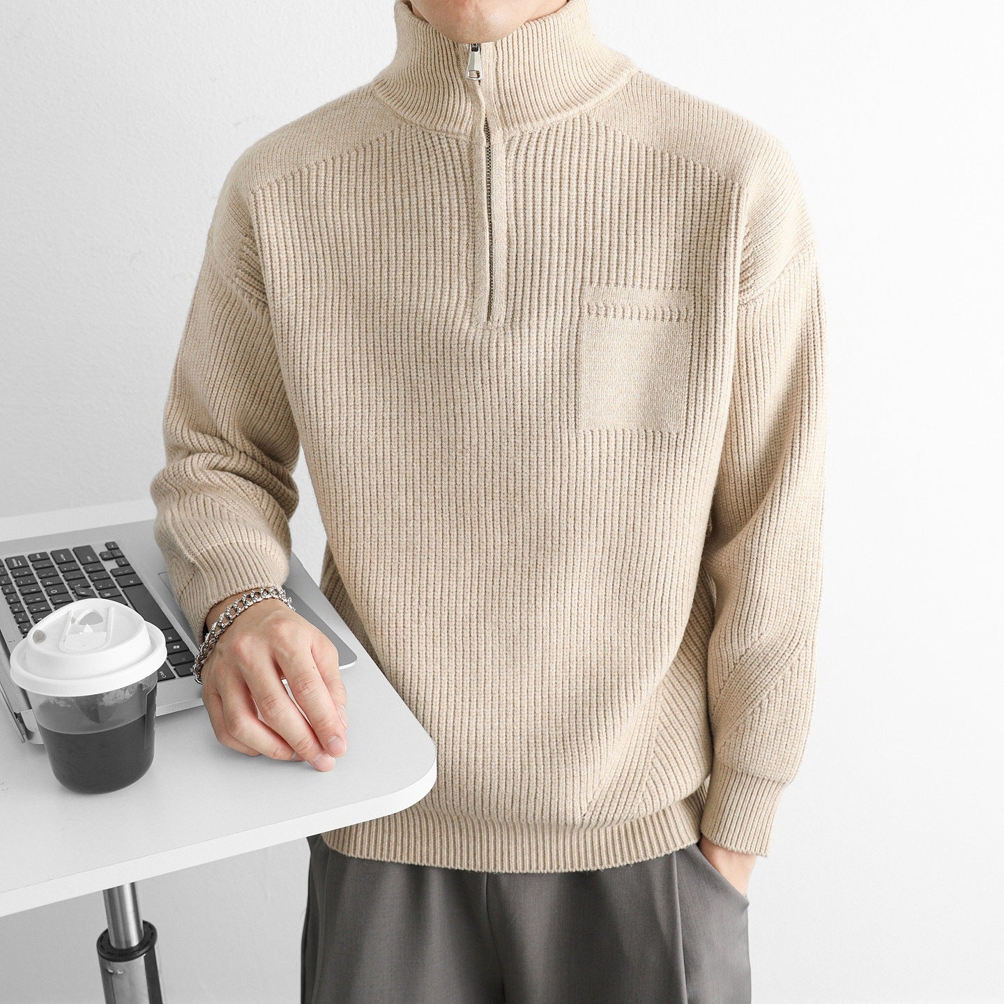 Męski Sweter z Półzamkiem i Kołnierzem Stójką | Klasyczny Sweter Dzianinowy