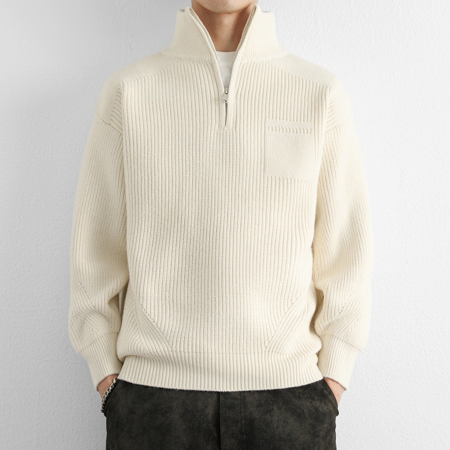 Męski Sweter z Półzamkiem i Kołnierzem Stójką | Klasyczny Sweter Dzianinowy