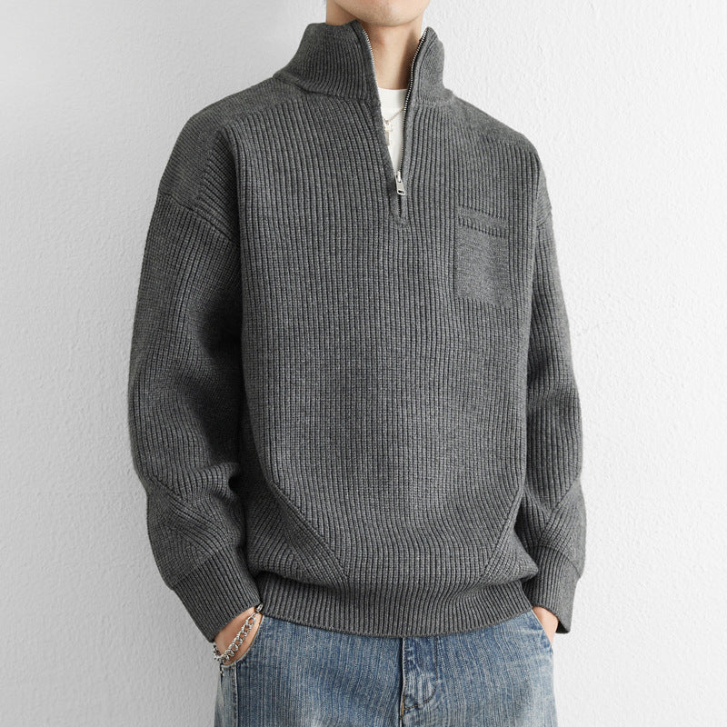 Męski Sweter z Półzamkiem i Kołnierzem Stójką | Klasyczny Sweter Dzianinowy
