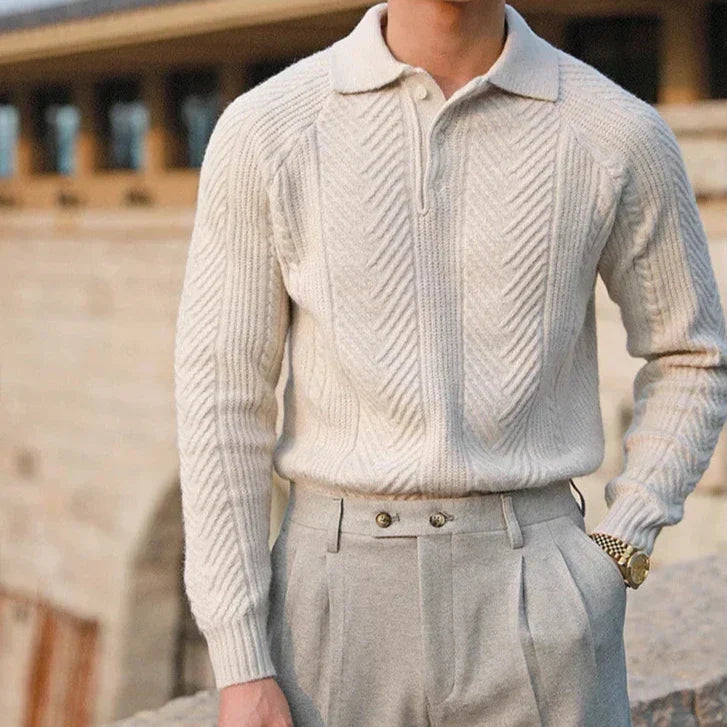 Sweter Męski z Kołnierzykiem | Wzór Dzianiny | Slim Fit | Styl Smart Casual