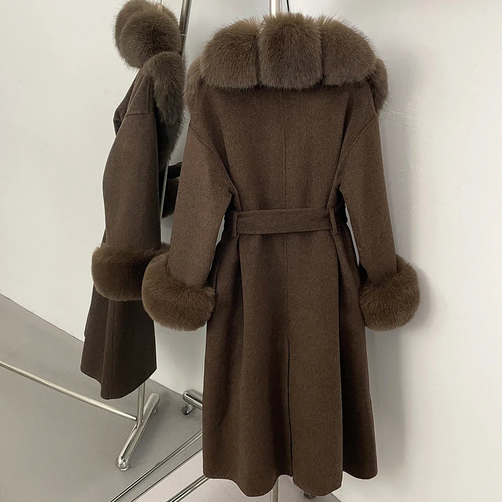 Zimowy płaszcz damski z kołnierzem i paskami | gruby płaszcz damski 