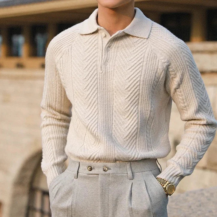 Sweter Męski z Kołnierzykiem | Wzór Dzianiny | Slim Fit | Styl Smart Casual