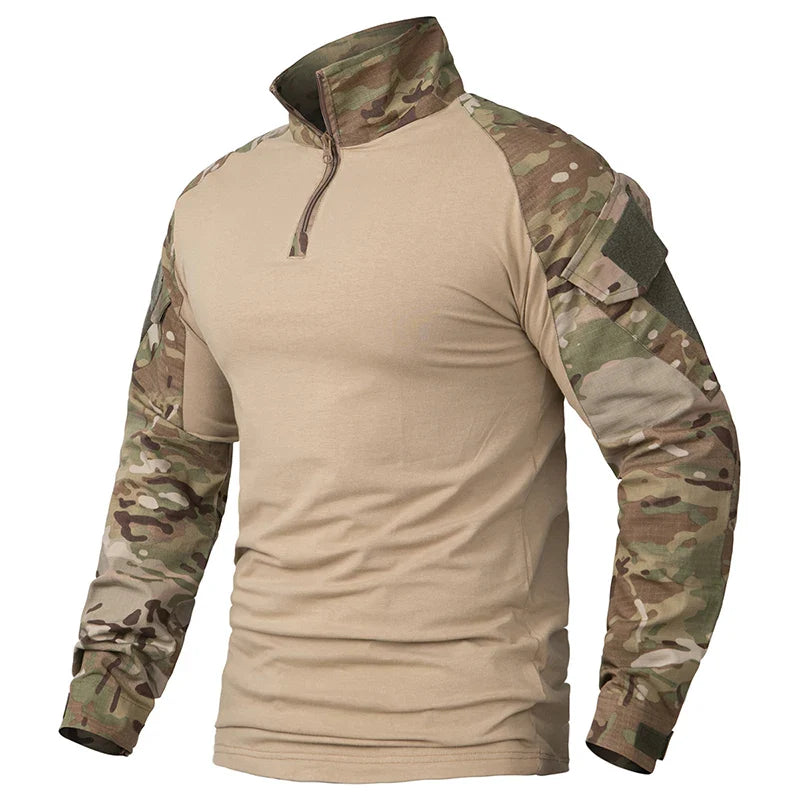 Sweter Męski Taktyczny z Półzamkiem i Rękawami w Moro | Lekki Golf Outdoor