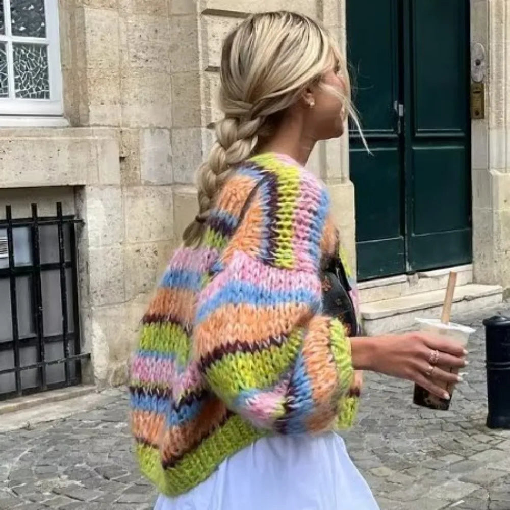 Sweter damski z paskami | Kardigan z bufiastymi rękawami Bridget