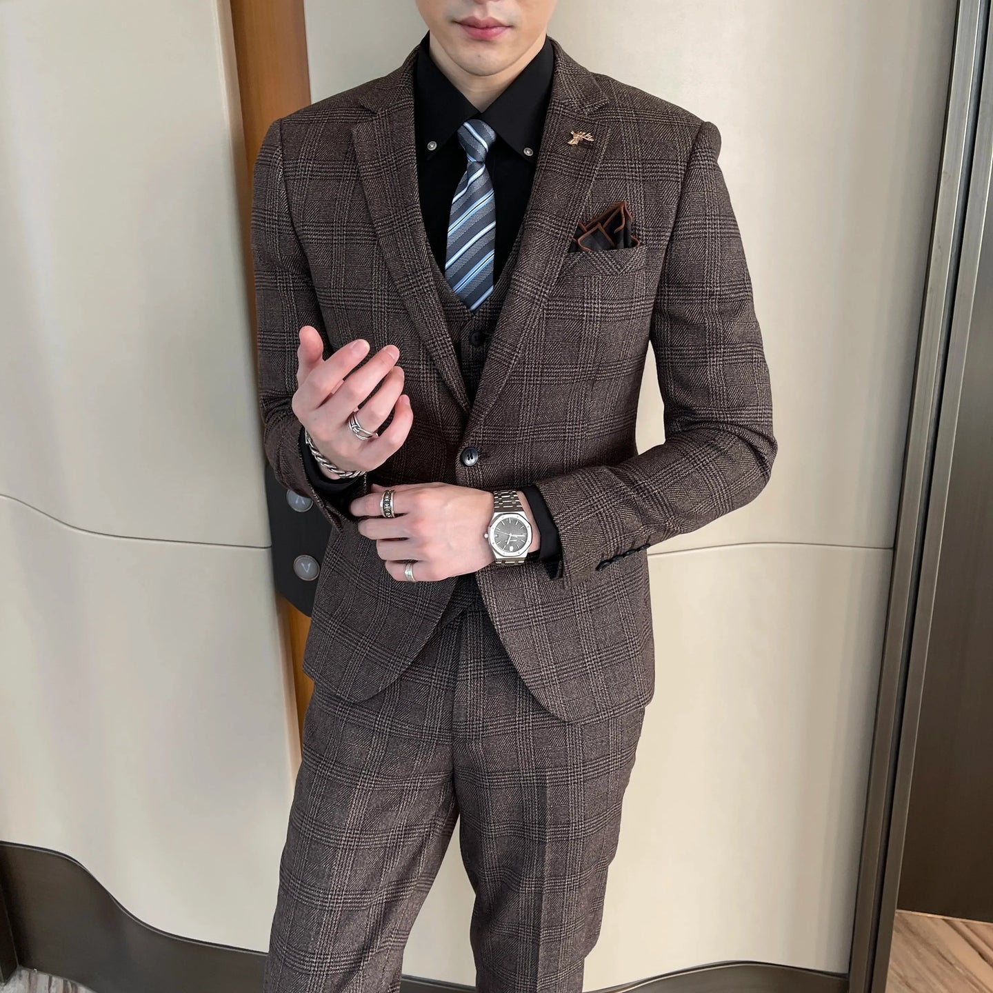 Garnitur Męski Slim Fit 3-Częściowy w Kratę | Elegancki Styl Smokingowy