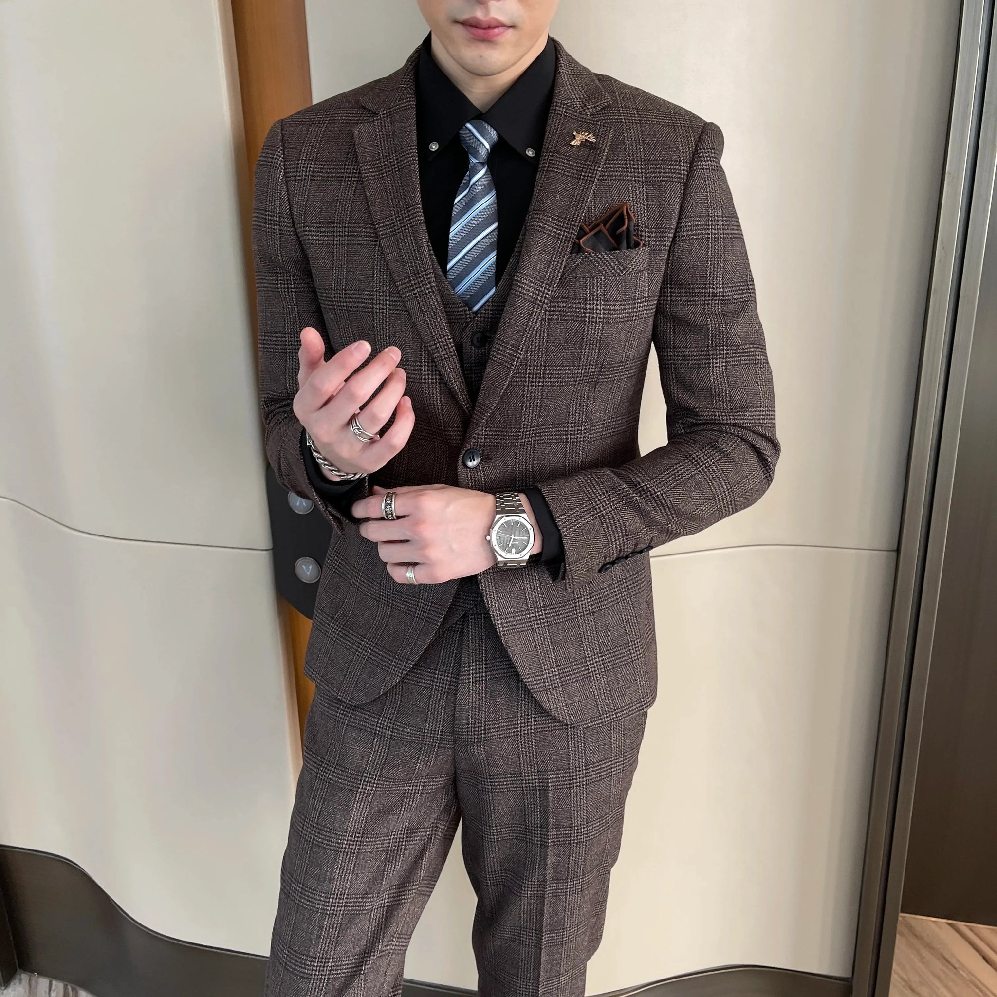 Garnitur Męski Slim Fit 3-Częściowy w Kratę | Elegancki Styl Smokingowy