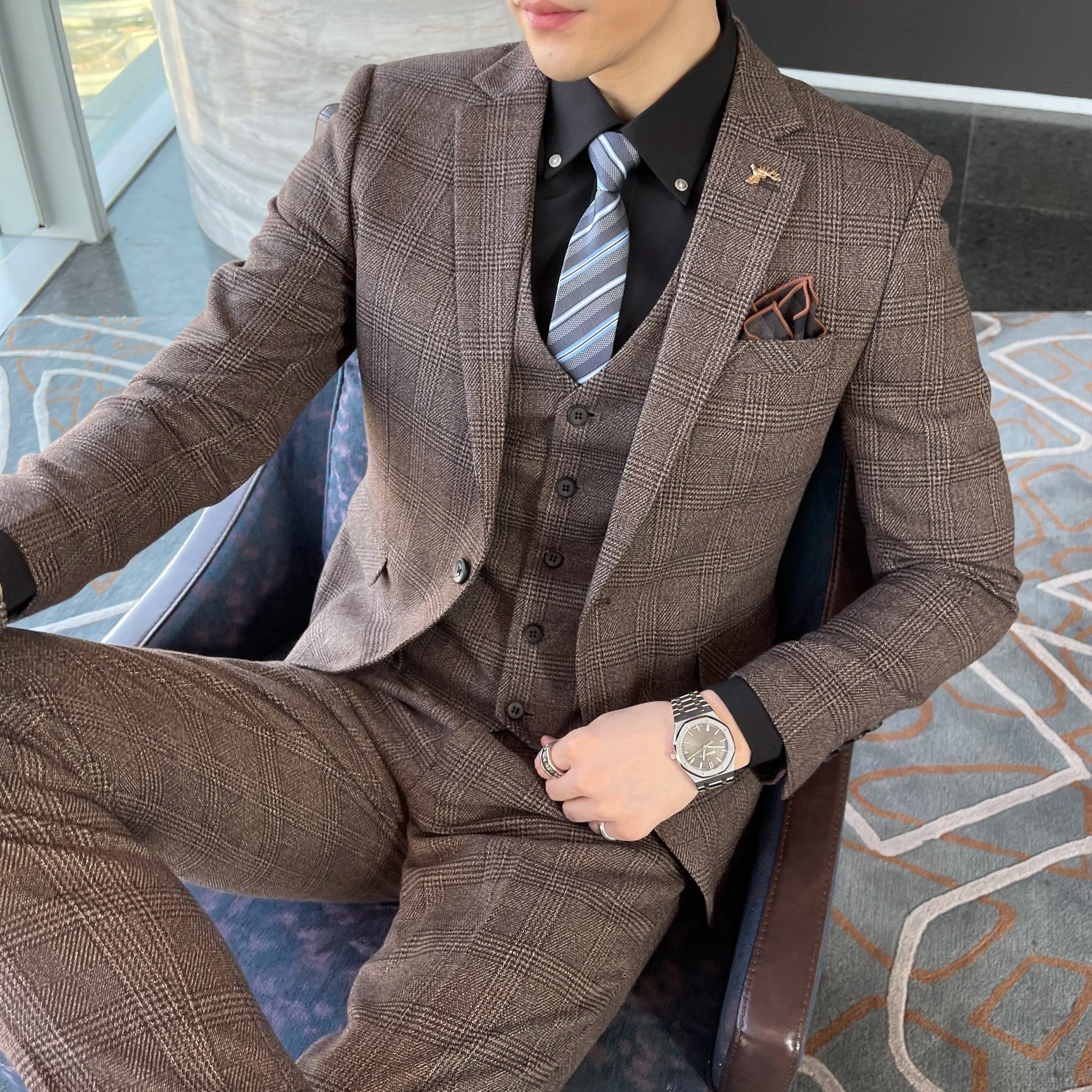 Garnitur Męski Slim Fit 3-Częściowy w Kratę | Elegancki Styl Smokingowy