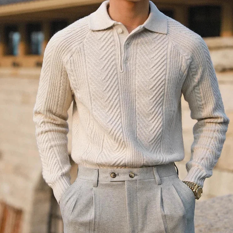 Sweter Męski z Kołnierzykiem | Wzór Dzianiny | Slim Fit | Styl Smart Casual