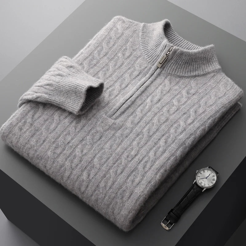 Sweter Męski z Półzamkiem | Wzór Warkoczowy | Slim Fit | Styl Smart Casual