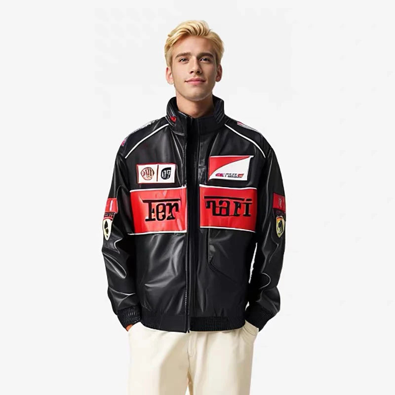 Męska kurtka racing w stylu streetwear z naszywkami | Sportowa kurtka na jesień