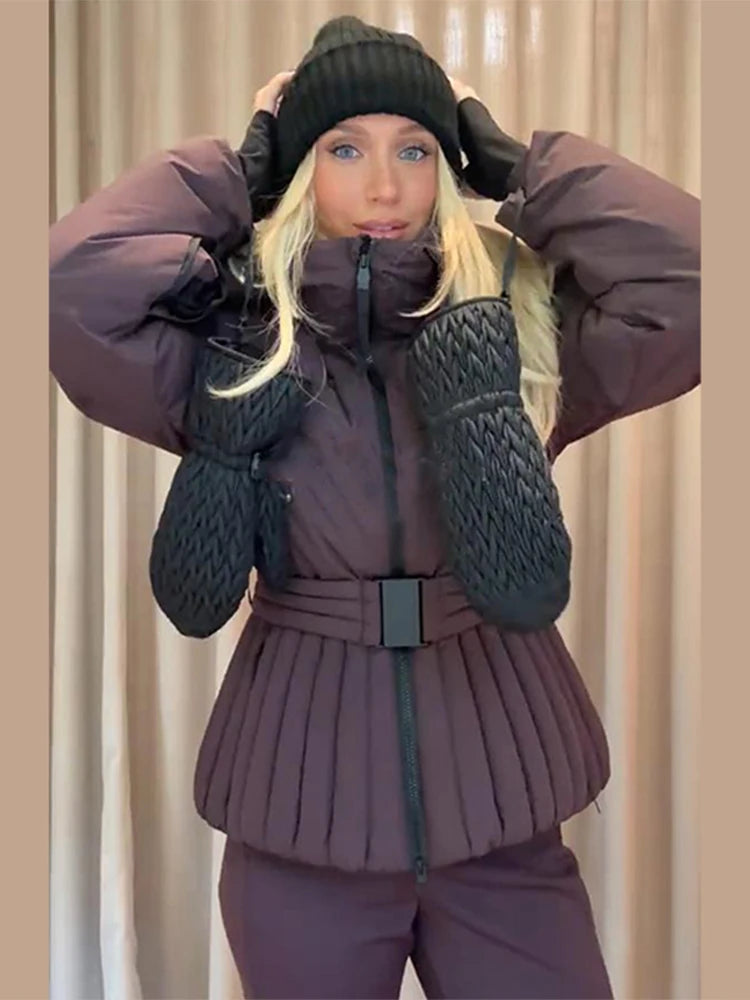 Zimowa kurtka narciarska damska z paskami i bluzkami | Ciepła kurtka zimowa damska